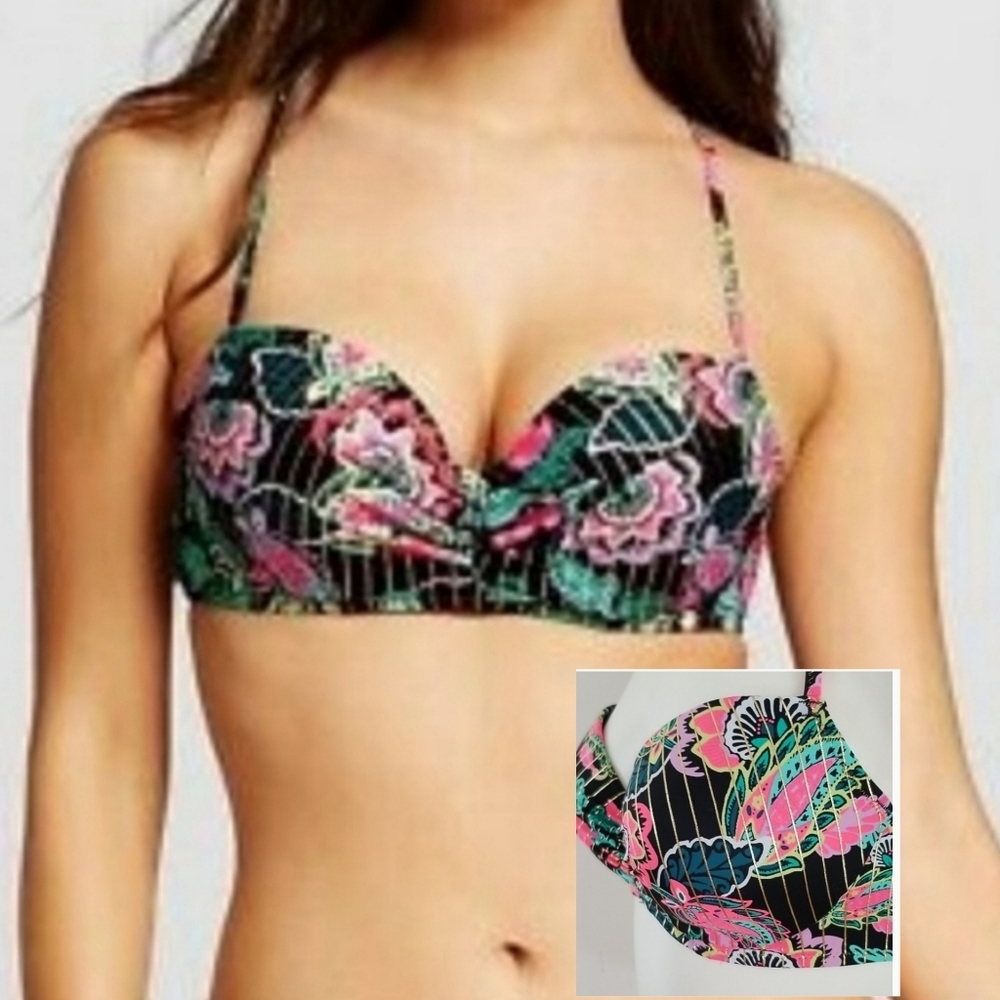 Shade & Shore Black Neon Floral Bikini Halter Top